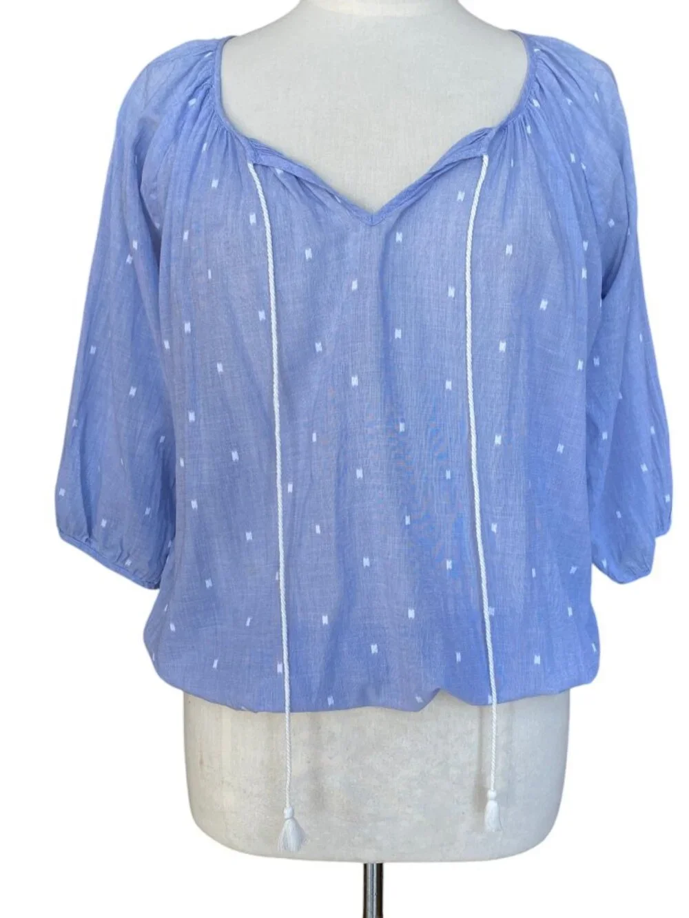 J Crew Embroidered Swiss Dot Peasant Top Tassel Tie Blue Nautical Preppy Boho-XS
